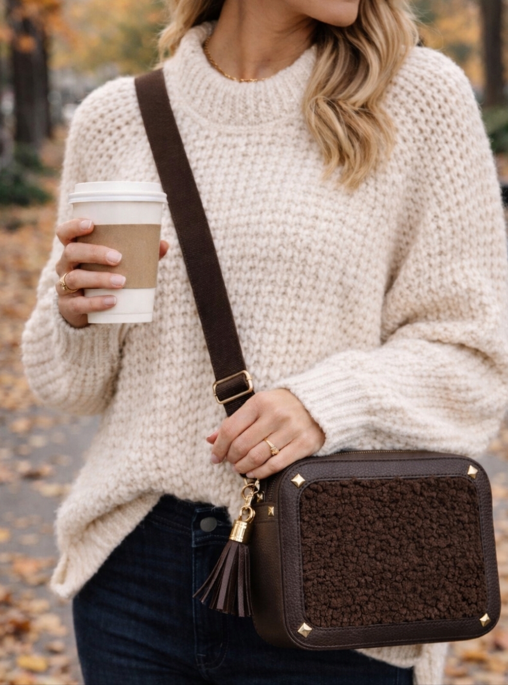 Rachel Zoe Brown Sherpa Leather Trim Crossbody Bag Gold Hardware Tassel Strap - Picture 2 of 5